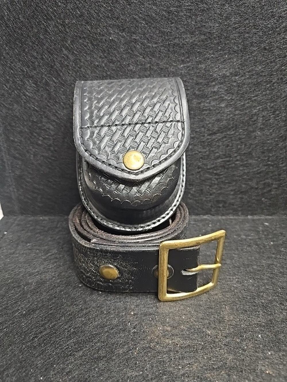 Aker Black Leather Duty Belt B07-38 Basketweave Brass Buckle &Handcuff Case 500D